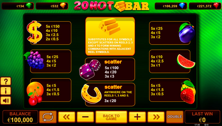  20 Hot Bar (20 горячих Bar ) — игровой автомат, играть в слот бесплатно, без регистрации